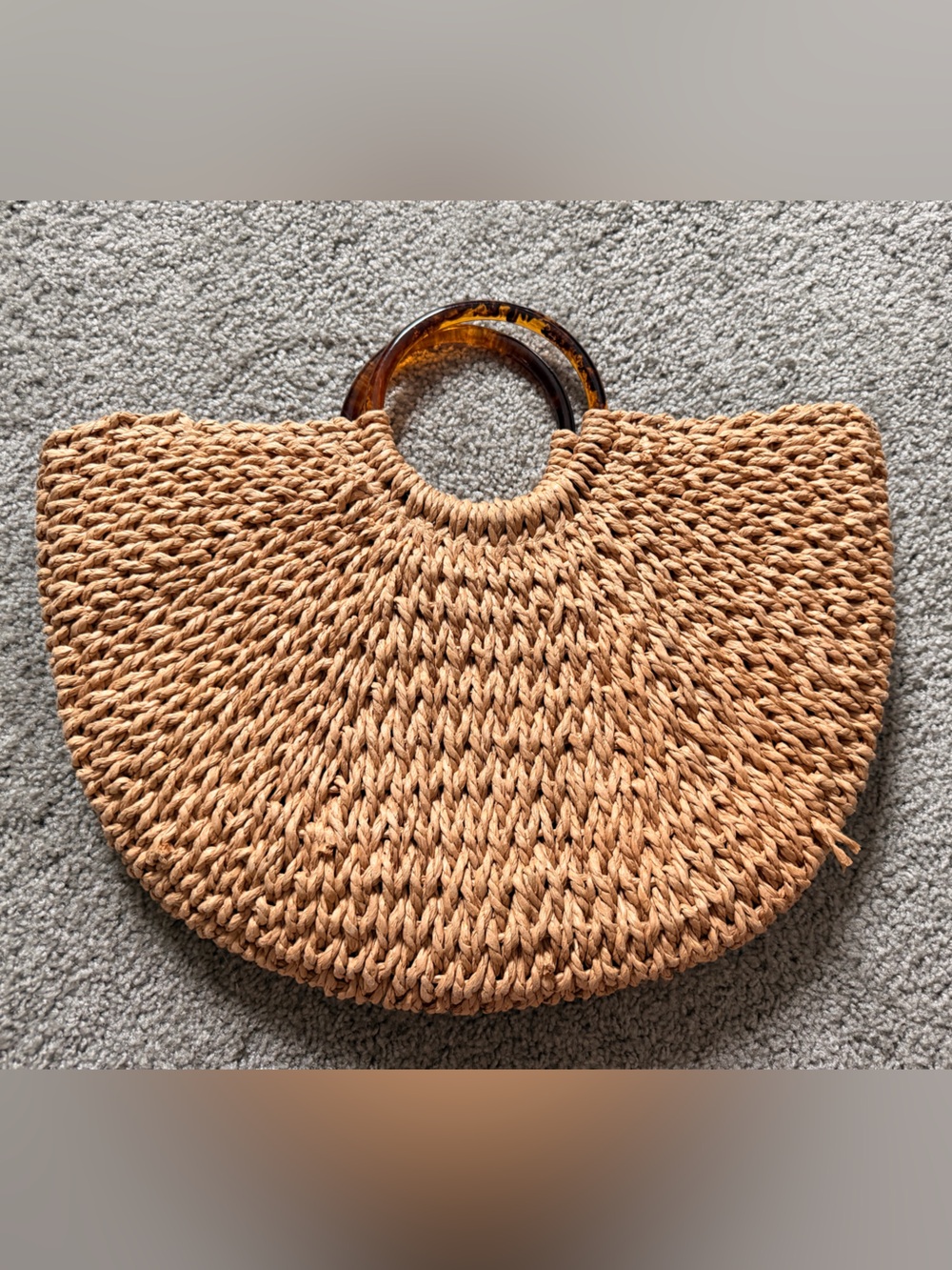 Woven Straw Half-Moon Handbag with Tortoiseshell Handle - Natural